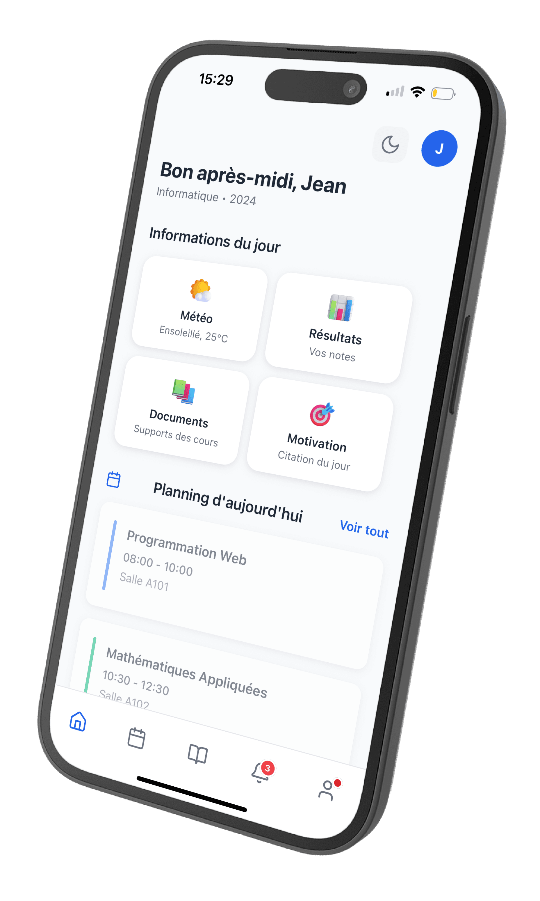Écran de suivi académique mobile