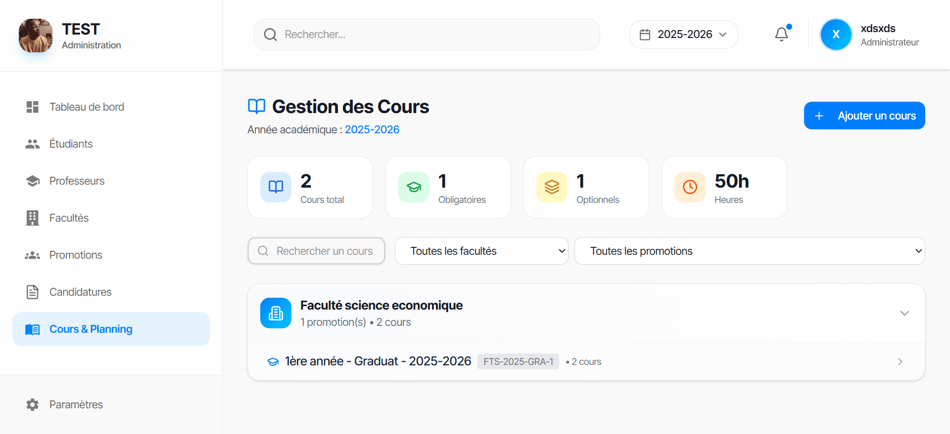 Interface de tableau de bord